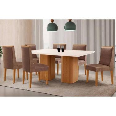 Imagem de Sala Jantar Mesa Maldivas Tampo c/ Vidro Curvo 180cm+6 Cadeiras Dakota Madeira Naturale/Off White - Capuccino/Corano Capuccino - Rufato