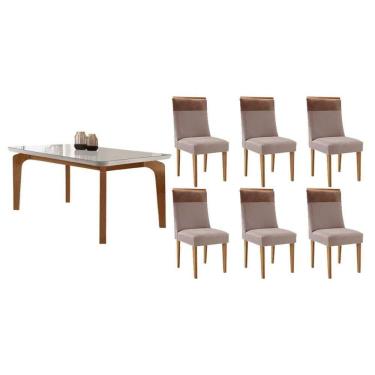 Imagem de Sala Jantar Mesa Londrina Tampo c/ Vidro Curvo 180cm+6 Cadeiras Jaspe Madeira Naturale/Off White - Capuccino/Linho Capuccino - Rufato