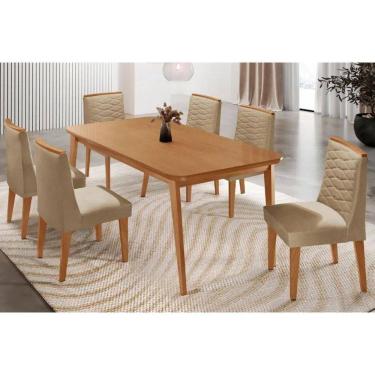 Imagem de Sala Jantar Mesa Havana Tampo Curvo 180cm+6 Cadeiras Maldivas Madeira Naturale - Capuccino/Linho Bege - Rufato