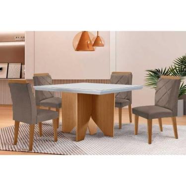 Imagem de Sala Jantar Mesa Nevada Tampo c/ Vidro Curvo 90cm+4 Cadeiras Pietá Madeira Naturale/Off White - Linho Capuccino - Rufato