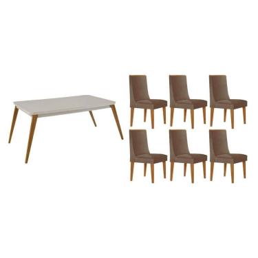 Imagem de Sala Jantar Mesa Havana Tampo c/ Vidro Curvo 180cm+6 Cadeiras Dakota Madeira Naturale/Off White - Capuccino/Corano Capuccino - Rufato