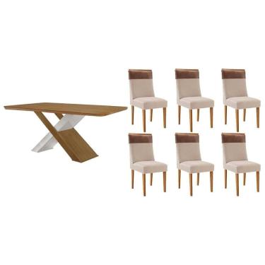 Imagem de Sala Jantar Mesa Imperatriz Tampo Curvo 180cm+6 Cadeiras Jaspe Madeira Naturale/Off White - Capuccino/Suede Creme - Rufato