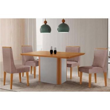 Imagem de Sala Jantar Mesa Pietá Tampo Curvo 120cm+4 Cadeiras Dakota Madeira Naturale/Off White - Capuccino/Linho Capuccino - Rufato