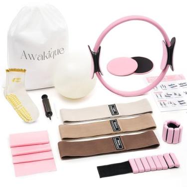 Imagem de Awakique Kit de Pilates, kit essencial de Pilates para mulheres, conjunto de equipamentos de Pilates de corpo inteiro de 14 peças com anel e bola de Pilates, faixas de resistência, pesos no tornozelo