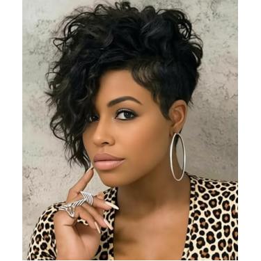 Imagem de SEVENCOLORS Perucas curtas pretas para mulheres negras, peruca afro encaracolada profunda com franja lateral perucas de cabelo sintético curto com aparência natural