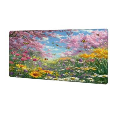 Imagem de Tapete de mouse floral grande flores de primavera à prova d'água tapete protetor de mesa estendido para computador tapete de base de borracha antiderrapante para escritório, computador, teclado