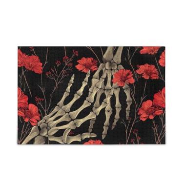 Imagem de Quebra-cabeça de flores vermelhas esqueleto de 1000 peças, composto de papel e madeira, jogos de quebra-cabeça para adultos com suporte de letras