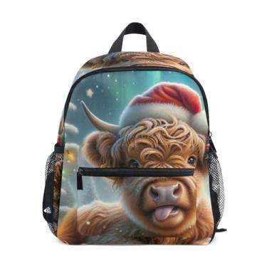 Imagem de Christmas Highland Cow Cute Simple Modern Kids Backpack 10x4x12 In, Girl Backpack with Water Bottle Pockets, Whistle Buckle