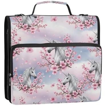 Imagem de Organizador básico de fichário com zíper, fichários de 3 anéis, 3 anéis, crinas de unicórnios, estojo de armazenamento com alça, bolsa de fichário do ensino médio com alça, 34,5 x 31,5 x 9 cm