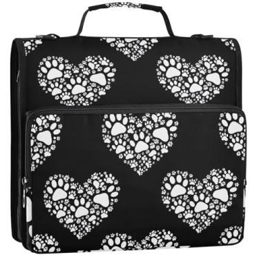 Imagem de Organizador de fichário com zíper para documentos, 3 argolas de 3,8 cm, branco, estampa de pata de cachorro, preto, vários bolsos, bolsa grande para guardar pastas com alça para escola, 34,5 x 31,5 x