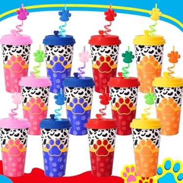 Imagem de FZR Legend Pacote com 24 copos de lembrancinhas de festa de pata com canudos a granel, copos de plástico com impressão de pata de 473 ml com tampas para animais de estimação, cachorrinho, gato