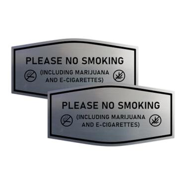 Imagem de Signs ByLITA Placa Fancy Please NO SMOKING (incluindo maconha e cigarros eletrônicos) (prata escovada) - pequena (pacote com 2)