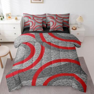 Imagem de Erosebridal Conjunto de cama Queen cinza e vermelho, com 7 peças, camuflado, cinza, para quarto de meninos, adultos, minimalista, geométrico, listras abstratas, estética