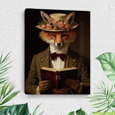 Imagem de Arte de parede em tela de leitura de raposa estilo vitoriano, pinturas de arte emolduradas de animais caprichosos, decoração de parede, imagens de amantes de animais para sala de estar, sala de jantar