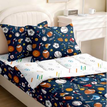 Imagem de Yadangxiawa Jogo de edredom infantil, solteiro com zíper, estampa de futebol, basquete, lençol com elástico e fronhas para todas as estações (tênis)