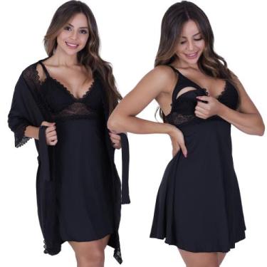 Imagem de Kit de Robe e Camisola Sofia de amamentação - Biografia Da Moda, Preto