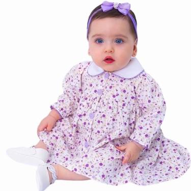 Imagem de Vestido de Bebê Menina Manga Longa Florido Lilás com Tiara 100% Algodã
