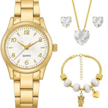 Imagem de Kit Relógio Feminino Dourado Analógico com Colar Brincos Pulseira Banh