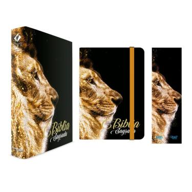 Imagem de Kit Leão Ouro - Moleskine + Bíblia Capa Dura NVT + Marca Página