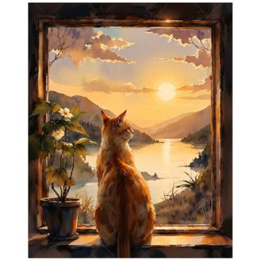 Imagem de Kit de pintura de gato ao pôr do sol por números para adultos - vista de janela DIY e pintura de gato laranja em tela 40,6 x 50 cm, conjunto de tinta acrílica, adequado para iniciantes, arte para