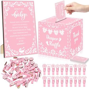 Imagem de Ctosree 102 peças rosa jogos de chá de bebê para menino ou menina, 50 bilhetes de sorteio de fraldas com caixa de cartão sorteio de fraldas, 50 mini prendedor de roupa e placa de bebê Don't Say para