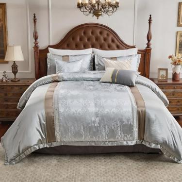 Imagem de SahSahCasa Conjunto de edredom Queen de 7 peças – Jogo de cama queen macio e luxuoso, reversível e sedoso, cama em uma bolsa, design jacquard elegante, alternativo, cinza, 228 x 228 cm