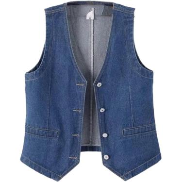 Imagem de Jaqueta Colete Jeans - Moda Oversize Breasted Decoração Sem Mangas Lavado Denim Colete Clássico Feminino Grande Bolso Slim Fit Jaqueta Curta, Blue, 5XL
