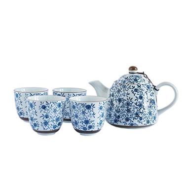 Imagem de Conjunto de chá de porcelana azul e branca bule de chá estilo japonês com alça e conjunto de xícaras de chá serviço para 4 adultos lindamente embalado em caixa de presente conjunto de chá de cerâmica