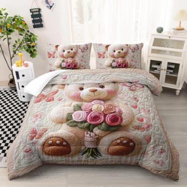 Imagem de AILONEN Conjunto de edredom Queen com desenho animado de urso rosa, borboletas rosa, romântico com 2 fronhas, 3 peças