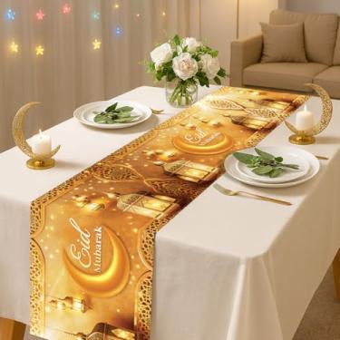 Imagem de Caminho de mesa Eid Mubarak, decoração Golden Ramadan Kareem com lanterna brilhante e padrão de lua, corredor de mesa de jantar de cozinha para decoração de férias islâmicas e suprimentos de festa em