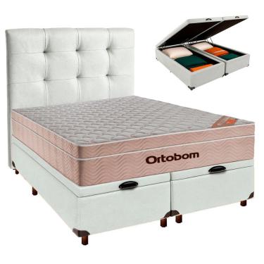 Imagem de Cama Box Bau + Colchão Casal Ortobom Molas Ensacadas Airtech + Cabeceira Estofada