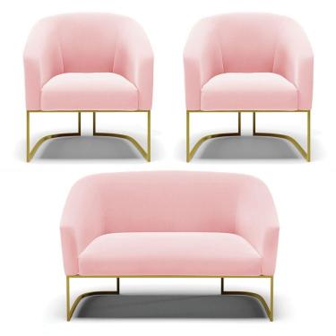 Imagem de Namoradeira E 2 Poltronas Base Industrial Dourado Stella Suede D03 - D'rossi Cor Rosa Bebê