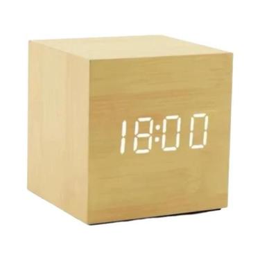 Imagem de Relógio Despertador Digital LED De Madeira Com Controle De Som E Tempe