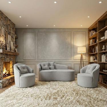 Imagem de Kit de 01 Sofá Orgânico Curvo Feijão + 02 Poltronas Confortável Sala Estúdio Amore Bouclê Cinza Claro - Montanari`s Decor