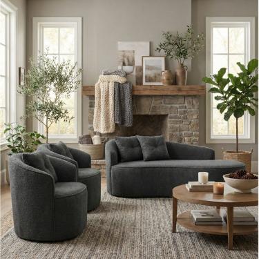 Imagem de Kit de 01 Sofá Orgânico Curvo Feijão + 02 Poltronas Confortável Sala Estúdio Amore Bouclê cinza escuro 