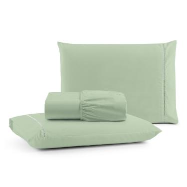 Imagem de Jogo De Lençol Queen Premium Soft 600 Fios Micropercal Verde Ponto Palito Toque Macio 3 Peças