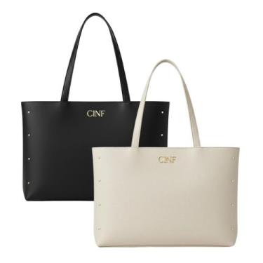Imagem de Bolsa Sacola Feminina Grande De Ombro Kit 2 Peças - CINF, Preto, Marfi