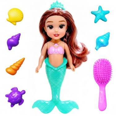 Imagem de Brinquedo Boneca Ariel Pequena Sereia com Cauda Iluminada Linguado e Acessórios
