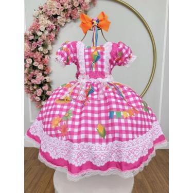 Imagem de Vestido Xadrez Festa Junina Infantil Rosa Branco Balãozinho Junino Cai