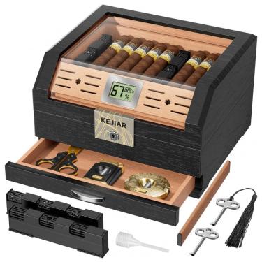 Imagem de Umidor KEJIAR Preto Formato Trapezoidal Tampa Acrílica com Trava e Higrômetro Digital p...