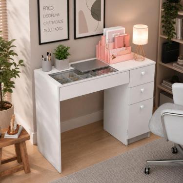 Imagem de Mesa de Escritório Retangular Pe-150 4 Gavetas com Tampo de Vidro MDF MDP 90,7cm Branco...