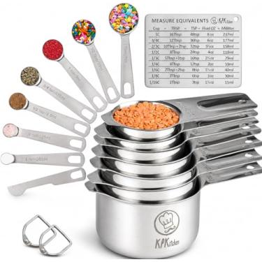 Imagem de Conjunto de copos e colheres medidores de aço inoxidável com 16-7 xícaras e 7 colheres + tabela de conversão e nivelador - colheres e copos medidores de cozinha - Copos medidores de aço inoxidável e