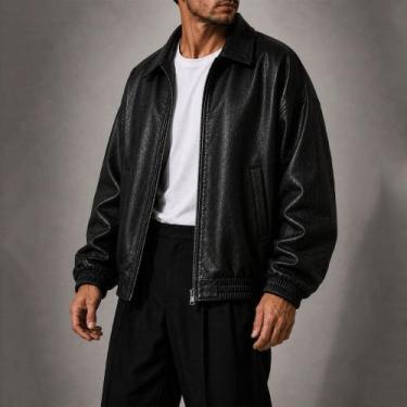 Imagem de Jaqueta Masculina de Couro Vintage Oversized Poliuretano Bomber com Zí