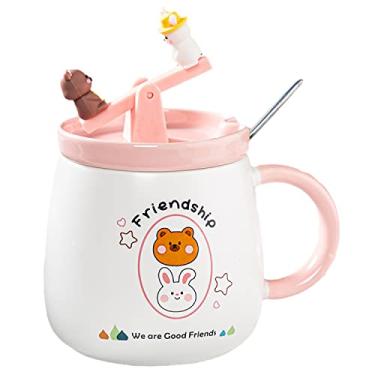 Imagem de Caneca de astronauta com colher de urso de cerâmica xícara de café de cerâmica de desenho infantil caneca de leite xícara de chá presente de aniversário escritório casa (amizade gangorra rosa)