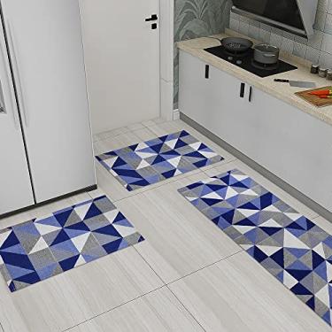 Imagem de Kit de Tapete Antiderrapante para Cozinha Banheiro Pia 3 peças Mosaico Azul Mesa de Canto