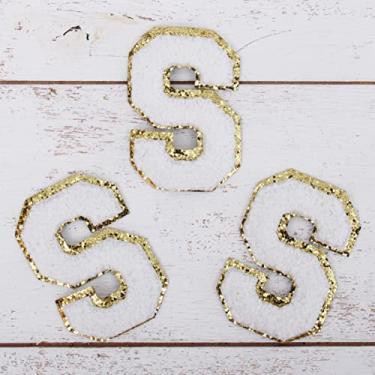 Imagem de Pacote com 3 adesivos de Chenille Iron On Glitter Varsity com 5 cm de altura - Tecido de chenille branco com acabamento em glitter dourado - Costurar ou passar a ferro - 5 cm WHT P