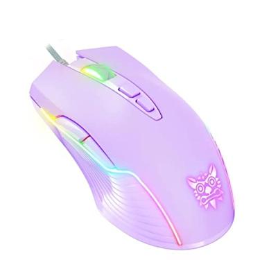 Imagem de NEWSTYP Mouse para jogos com fio RGB 6400 DPI fofo com LED USB óptico 7 botões para computador gamer mouse rosa para laptop, PC, desktop (roxo)