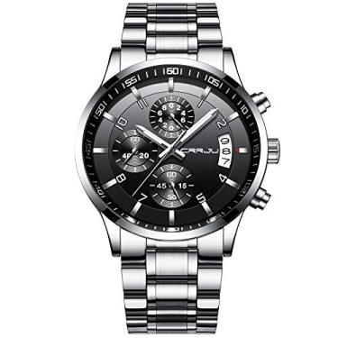 Imagem de CRRJU Moda Relógio De Pulso Inoxidável Para Homem De Aço Inoxidável, Calendário À Prova D'Água, Com Cronógrafo, Preto 42 Mm Prata Preto