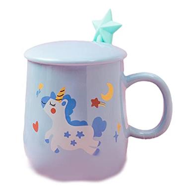 Imagem de Caneca de unicórnio com colher de tampa 3D linda xícara de chá de café de cerâmica conjunto de canecas de casal presente de aniversário para mulheres amantes de amigos (estrela de unicórnio, 400 ml)