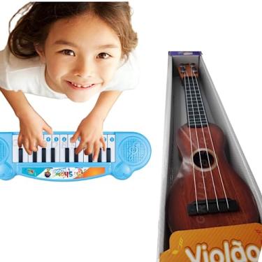 Imagem de Kit Violão De Brinquedo Ukelele Infantil + Teclado Piano Musical Eletrônico Rosa Azul Com Cordas de Nylon Acústico Para Criança Menino Menina Presente (M. Escuro / Azul)